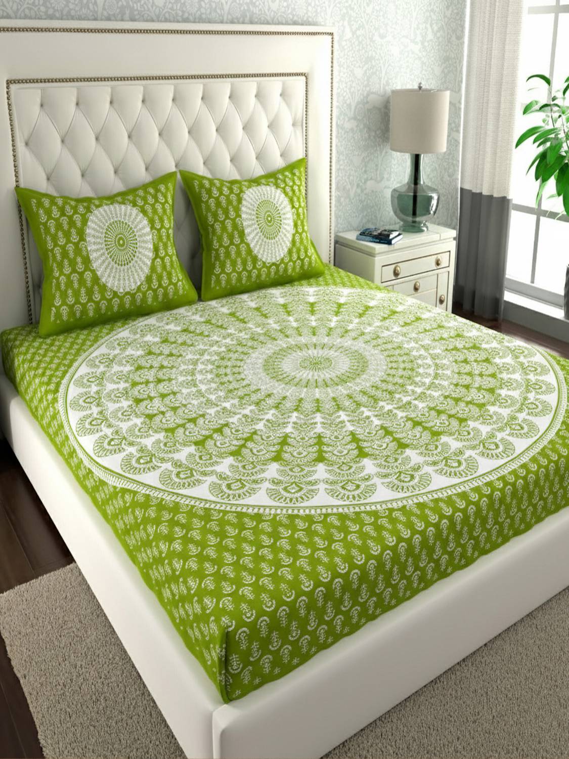 Jeevat Cotton Double Flat 144 TC Jaipuri Prints 1 Bedsheet with 2