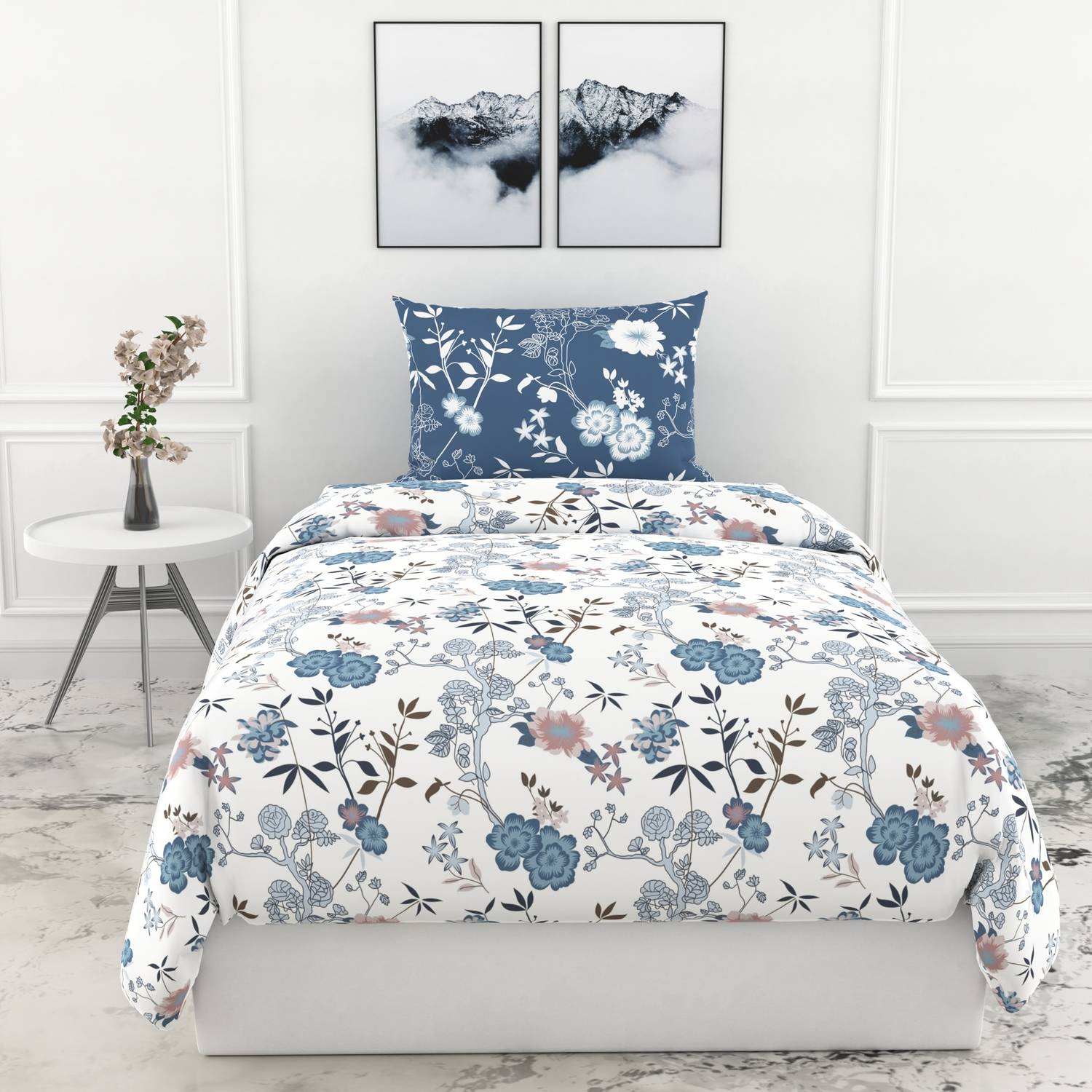 LORETO Cotton Single Flat 144 TC Floral 1 Bedsheet with 2 Pillow