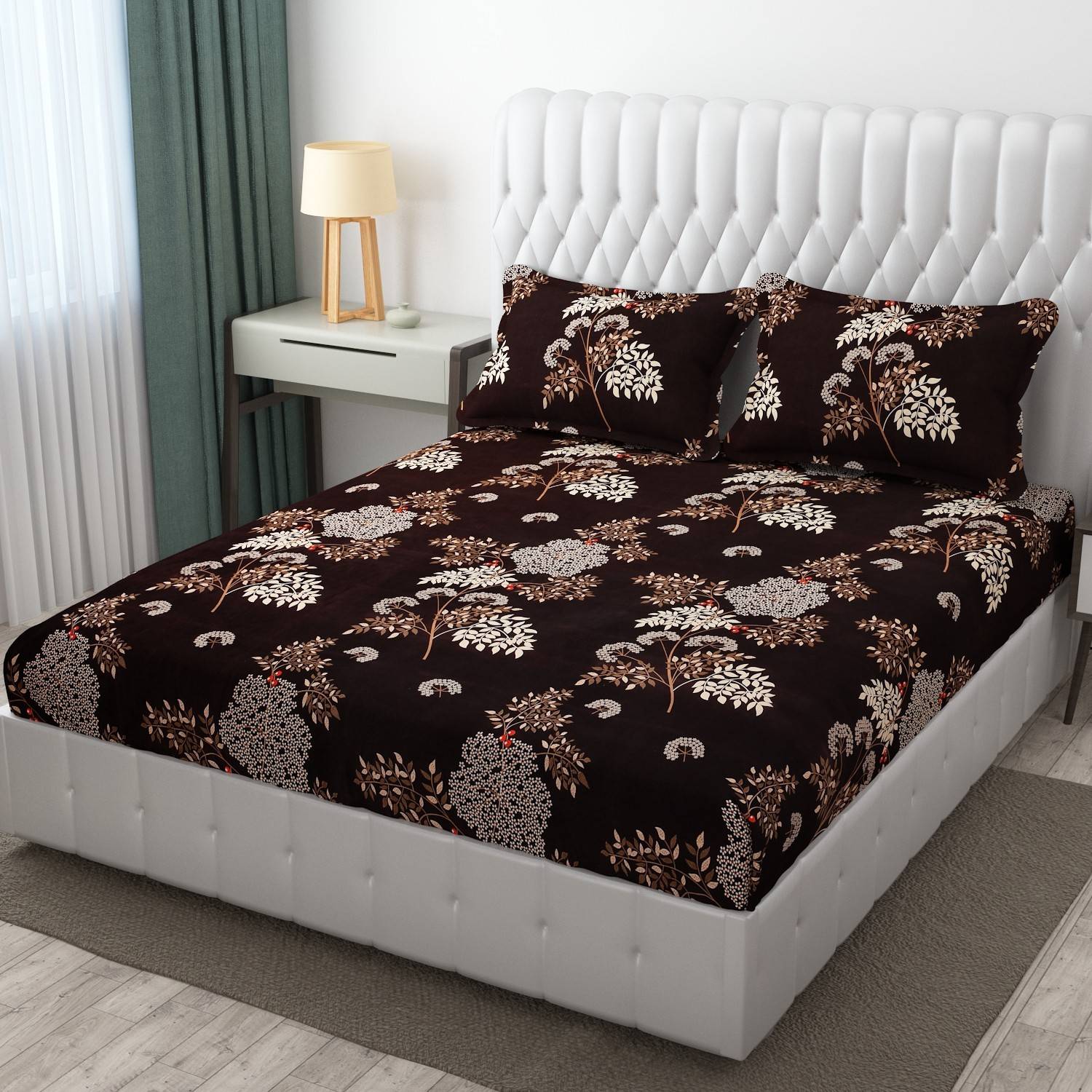 BROMWICK Microfiber Double Flat 300 TC Floral 1 Bedsheet with 2 P