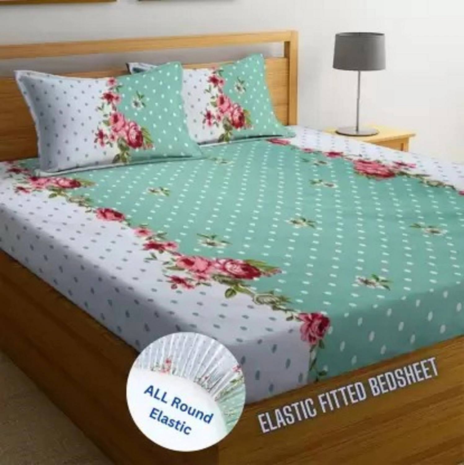 A11 M@LL Cotton Queen Fitted (Elastic) 320 TC Printed 1 Bedsheet with 2 Pillow Covers