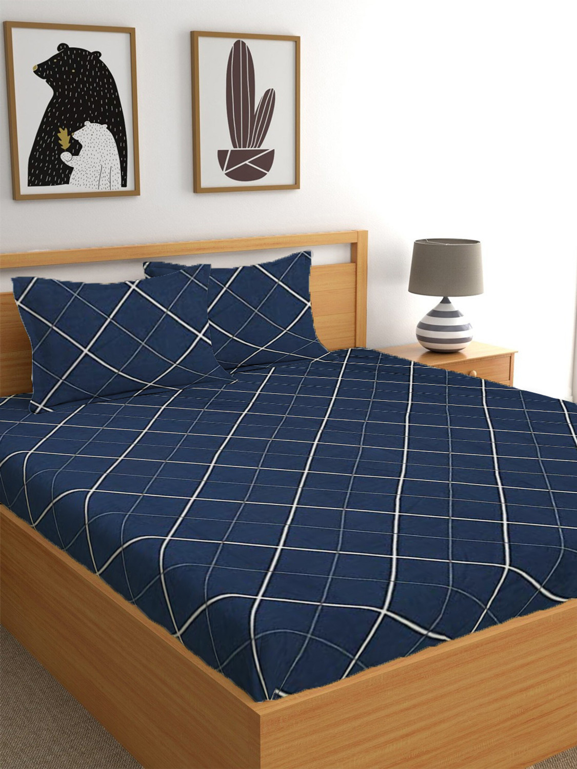 Image of ZYLLIX Cotton King Fitted (Elastic) 240 TC 3D Printed 1 Bedsheet with 2 Pillow Covers