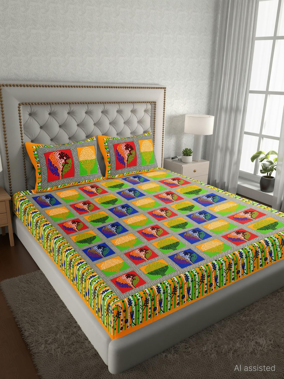 Image of Diva Collection Cotton Double Flat 144 TC Jaipuri Prints 1 Bedsheet with 2 Pillow Covers