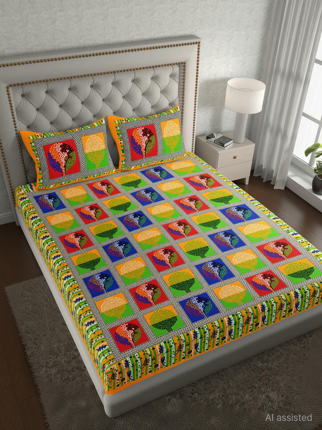 Image of Diva Collection Cotton Double Flat 144 TC Jaipuri Prints 1 Bedsheet with 2 Pillow Covers