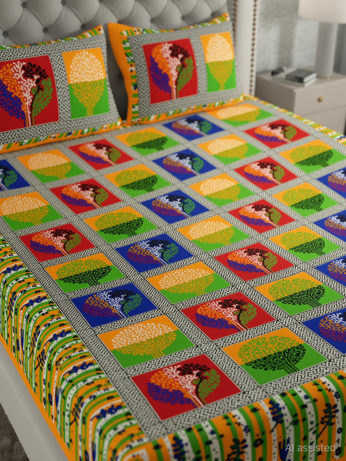 Image of Diva Collection Cotton Double Flat 144 TC Jaipuri Prints 1 Bedsheet with 2 Pillow Covers