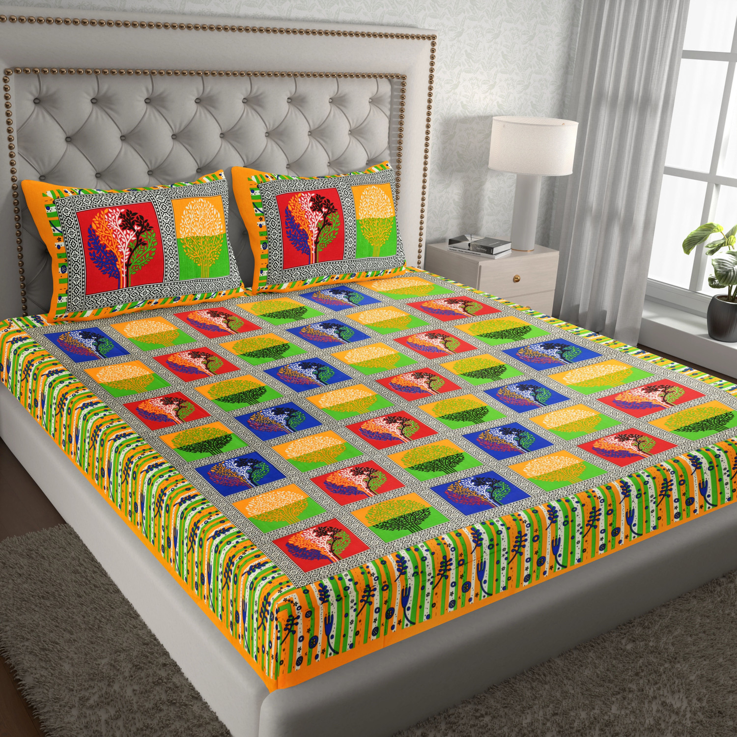 Image of Diva Collection Cotton Double Flat 144 TC Jaipuri Prints 1 Bedsheet with 2 Pillow Covers