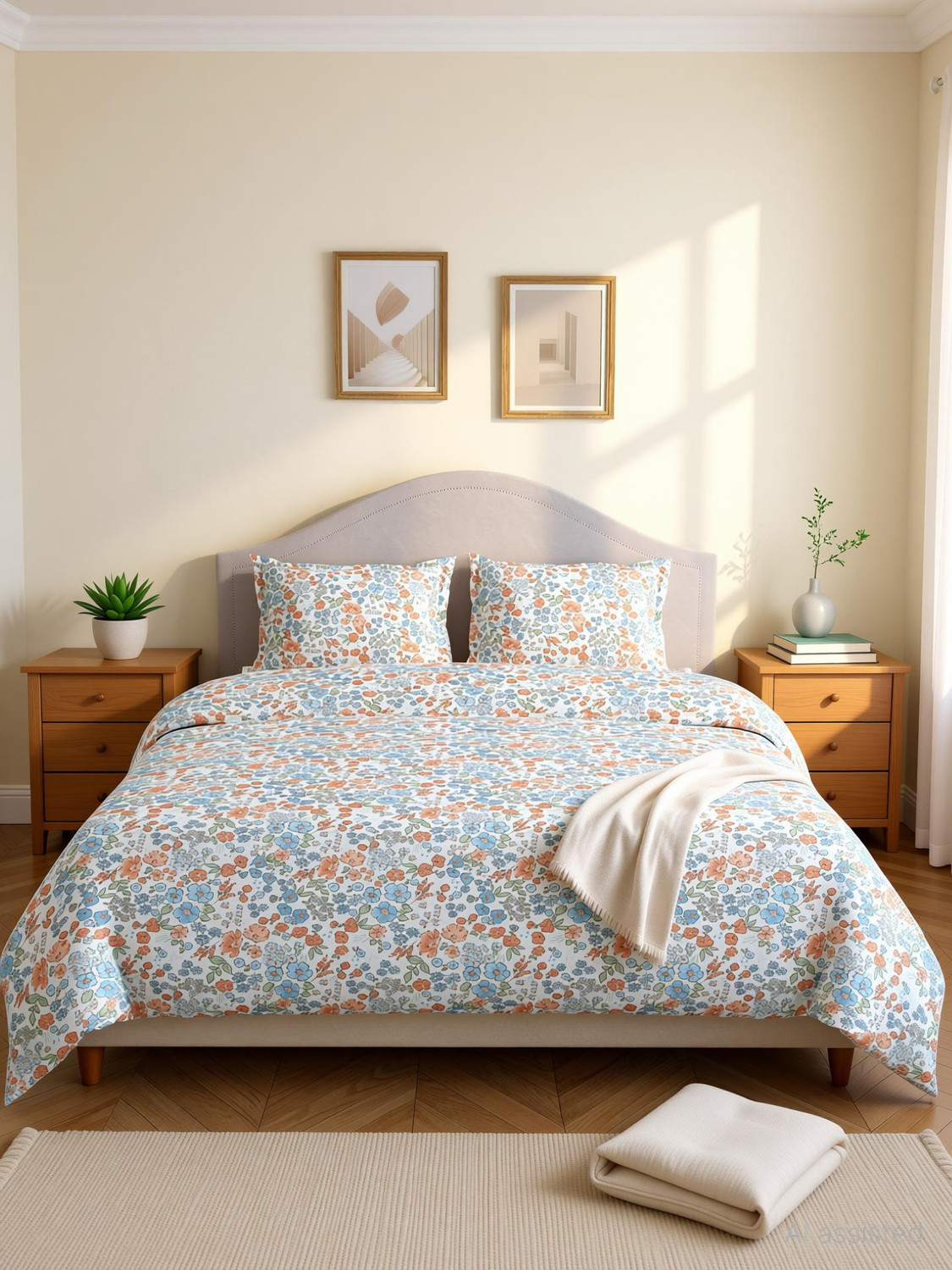Image of haus & kinder Cotton Double Flat 186 TC Printed 1 Summer Bedsheet with 2 Pillow Covers