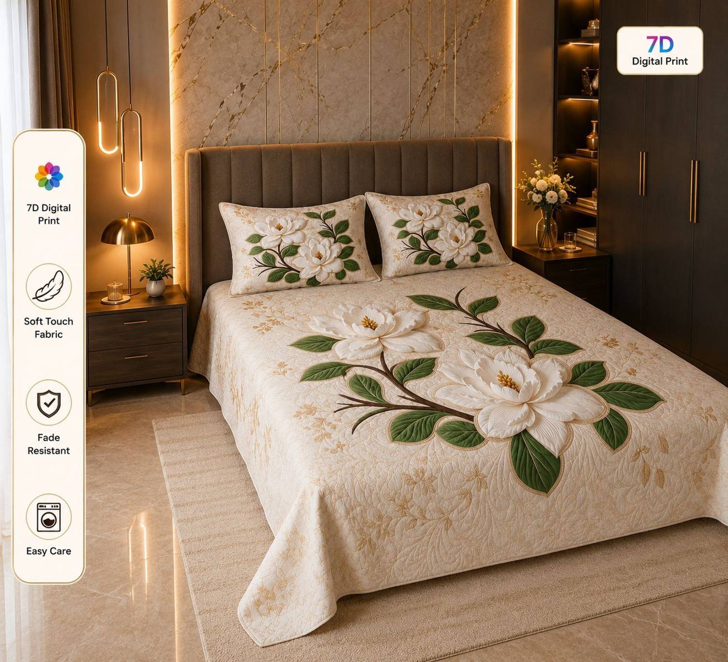 abluent home Cotton King Flat 400 TC 7D Digital 1 Summer Bedsheet with 2 Pillow Covers