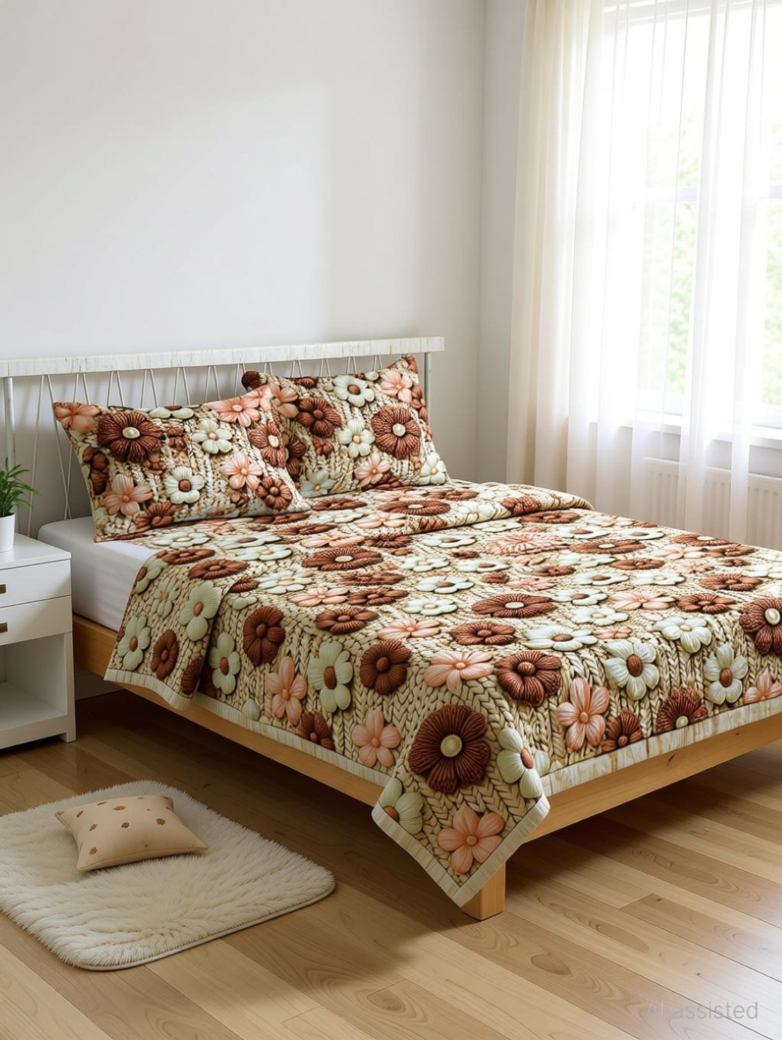 Image of Roxine Cotton King, Queen, Double Fitted (Elastic) 380 TC Self Design 1 Bedsheet with 2 Pillow Covers