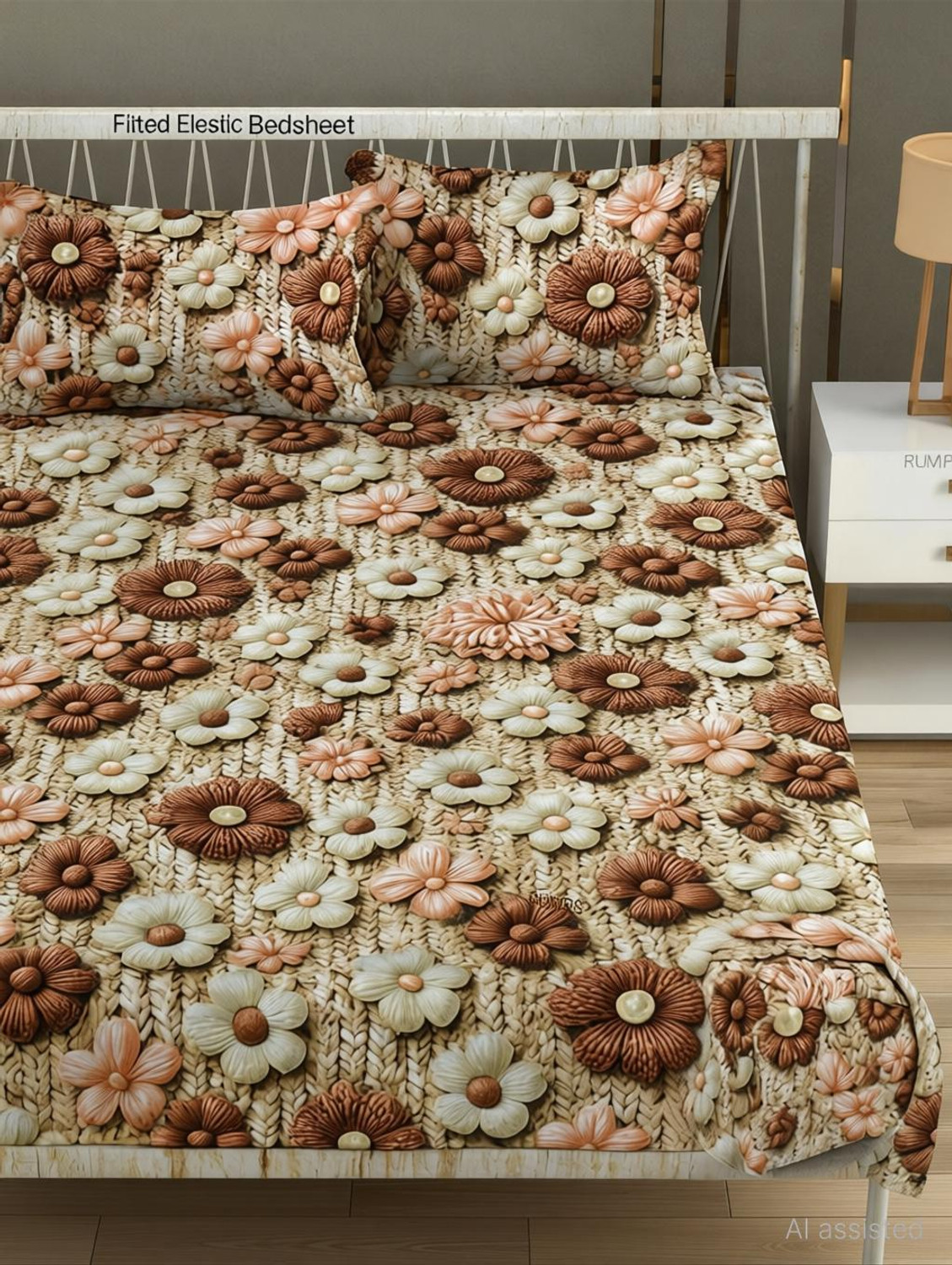 Image of Roxine Cotton King, Queen, Double Fitted (Elastic) 380 TC Self Design 1 Bedsheet with 2 Pillow Covers