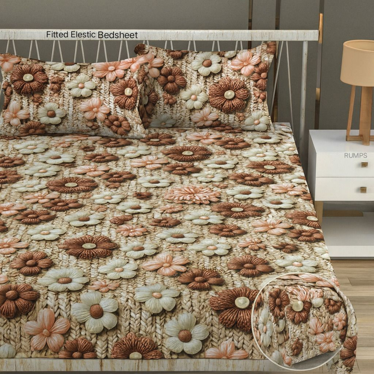 Image of Roxine Cotton King, Queen, Double Fitted (Elastic) 380 TC Self Design 1 Bedsheet with 2 Pillow Covers