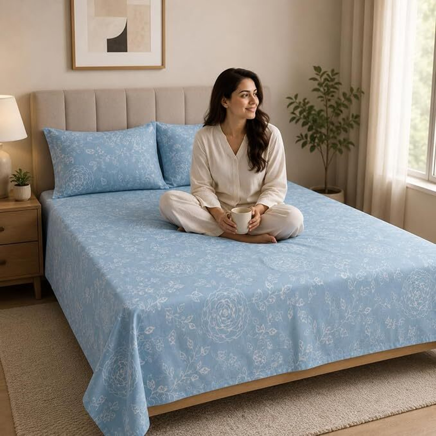 Image of parth international Cotton Double Flat 400 TC Floral 1 Bedsheet with 2 Pillow Covers