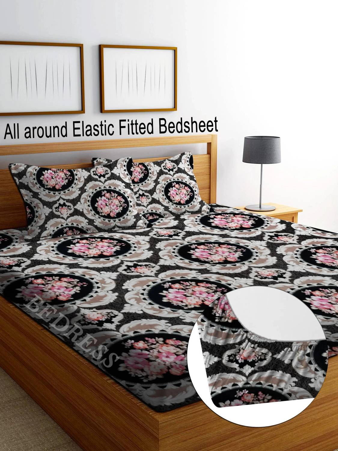 Bedress Microfiber King Fitted (Elastic) 350 TC Floral 1 Bedsheet with 2 Pillow Covers