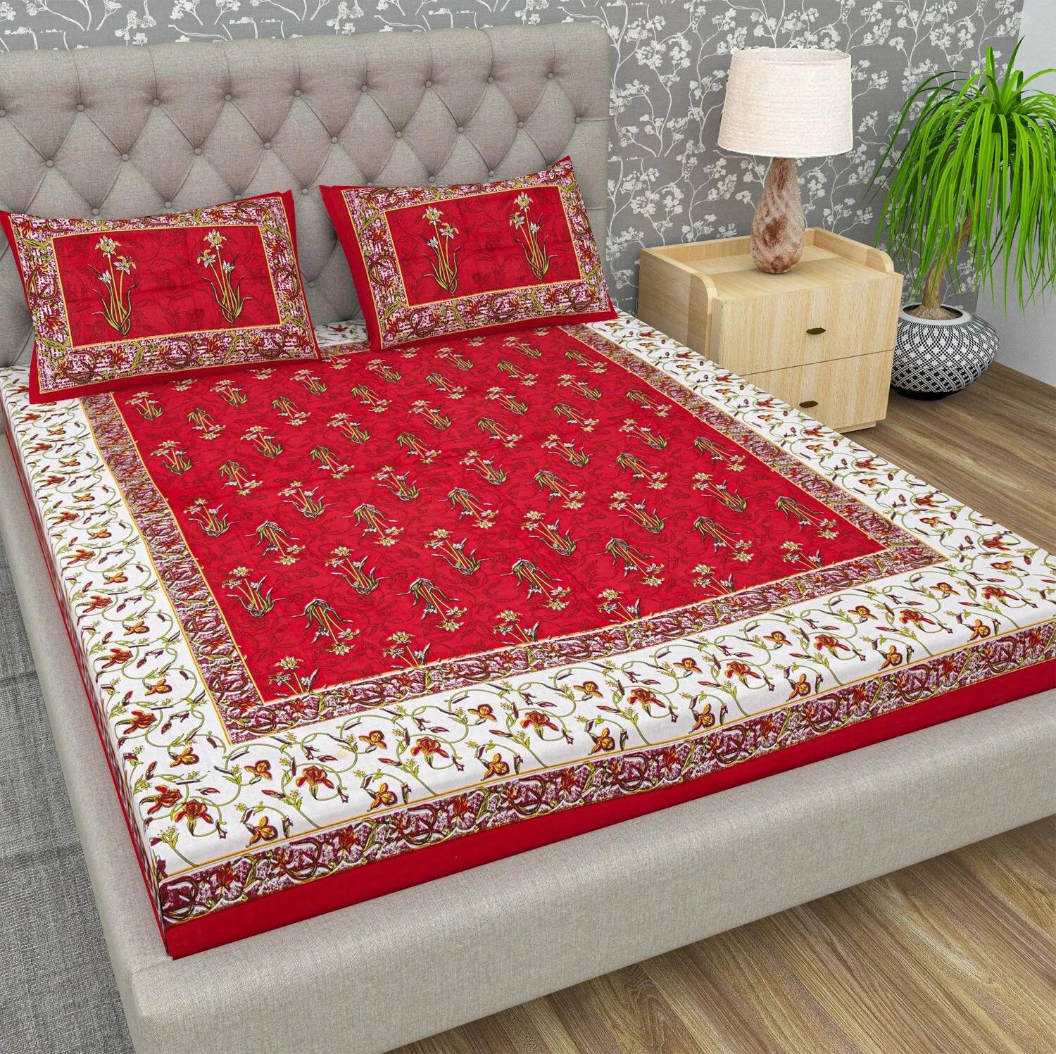 Jeevat Cotton Double Flat 144 TC Jaipuri Prints 1 Bedsheet with 2