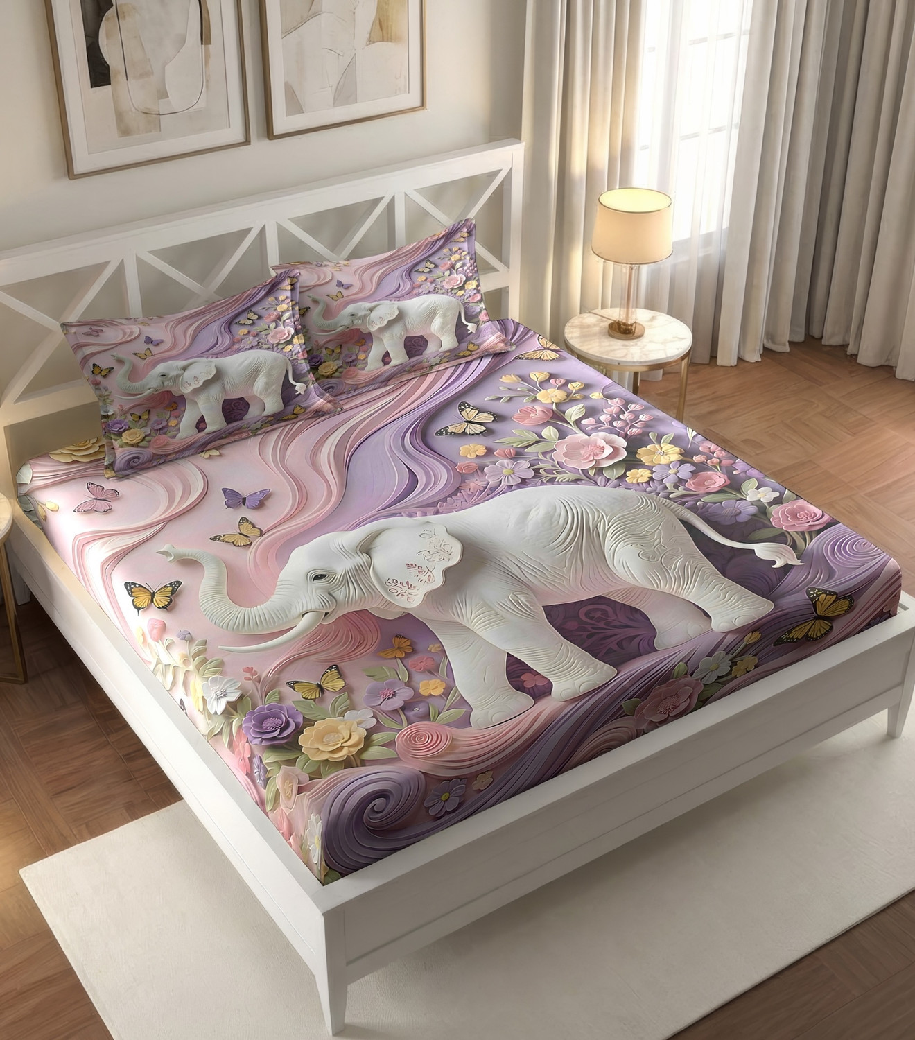 Image of IWS Cotton King Flat 210 TC 7D Digital 1 Bedsheet (Multicolor, White, Pink)