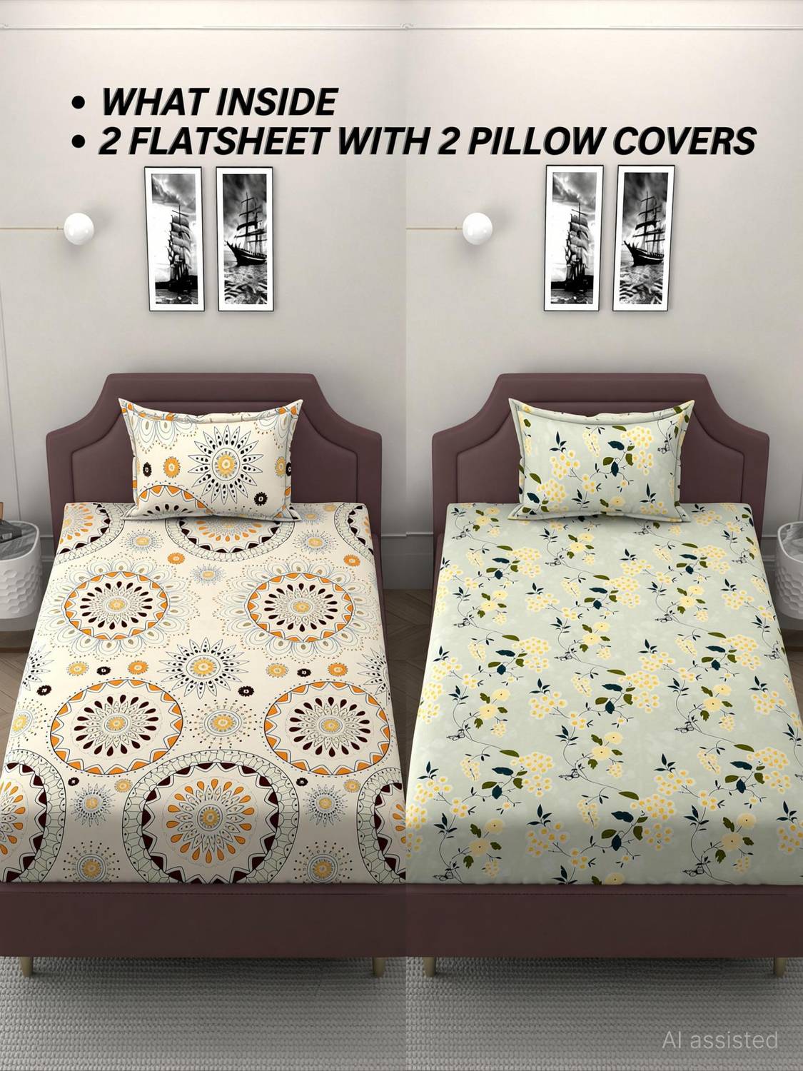 BROMWICK Microfiber Single Flat 250 TC Abstract 2 Bedsheets with 4 Pillow Covers