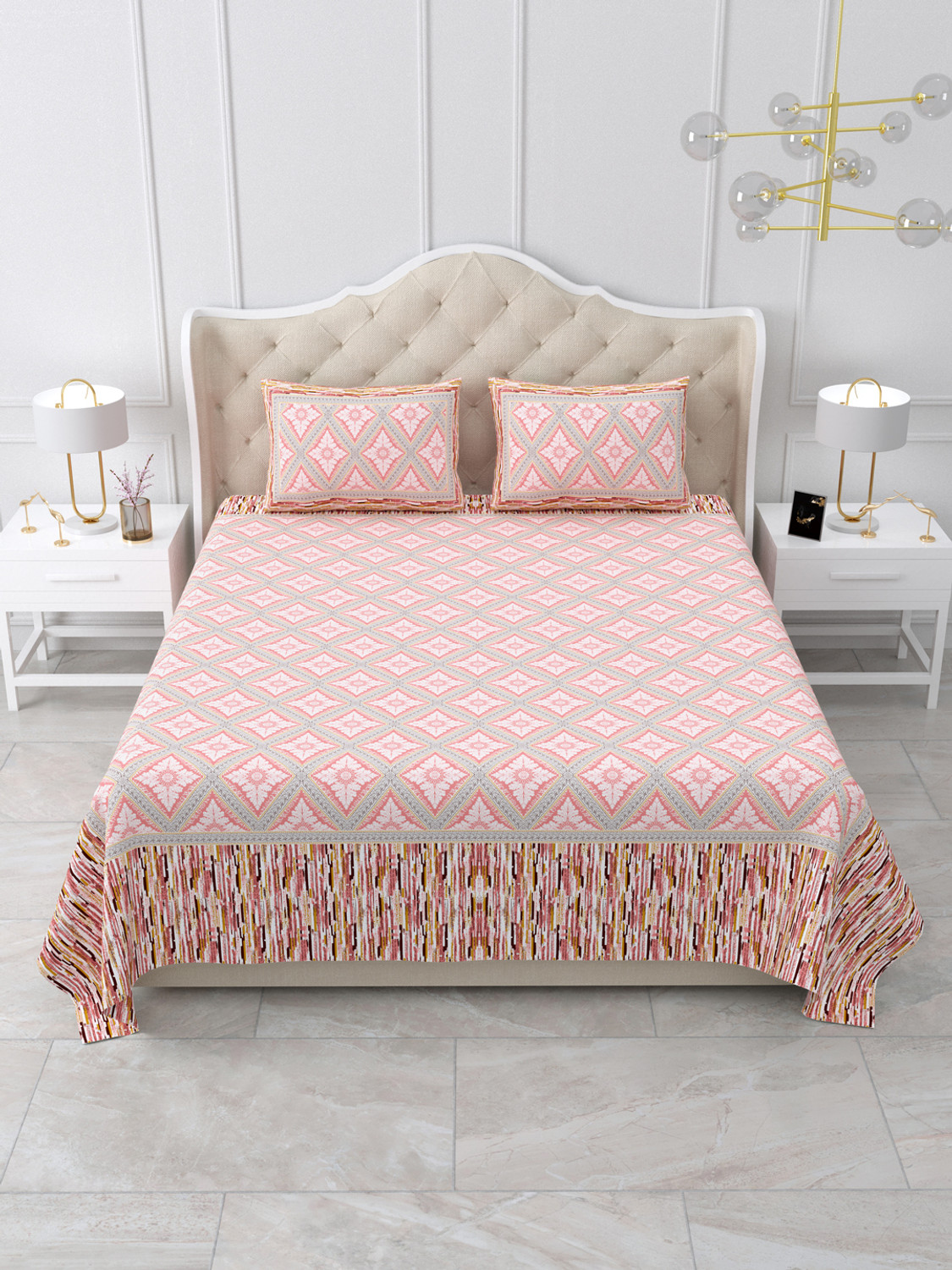 Image of BOMBAY ELEGANCE Cotton King Flat 260 TC Printed 1 Bedsheet with 2 Pillow Covers