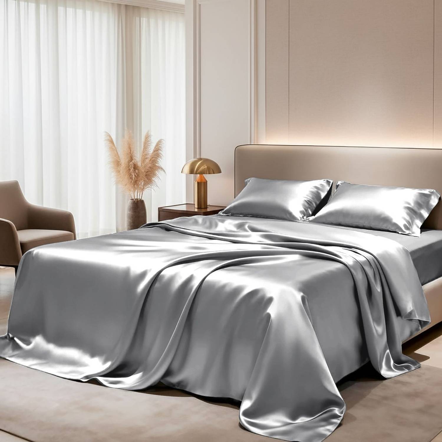 ALISHIBACASA Silk Single Flat 400 TC Solid 1 Bedsheet with 2 Pillow Covers