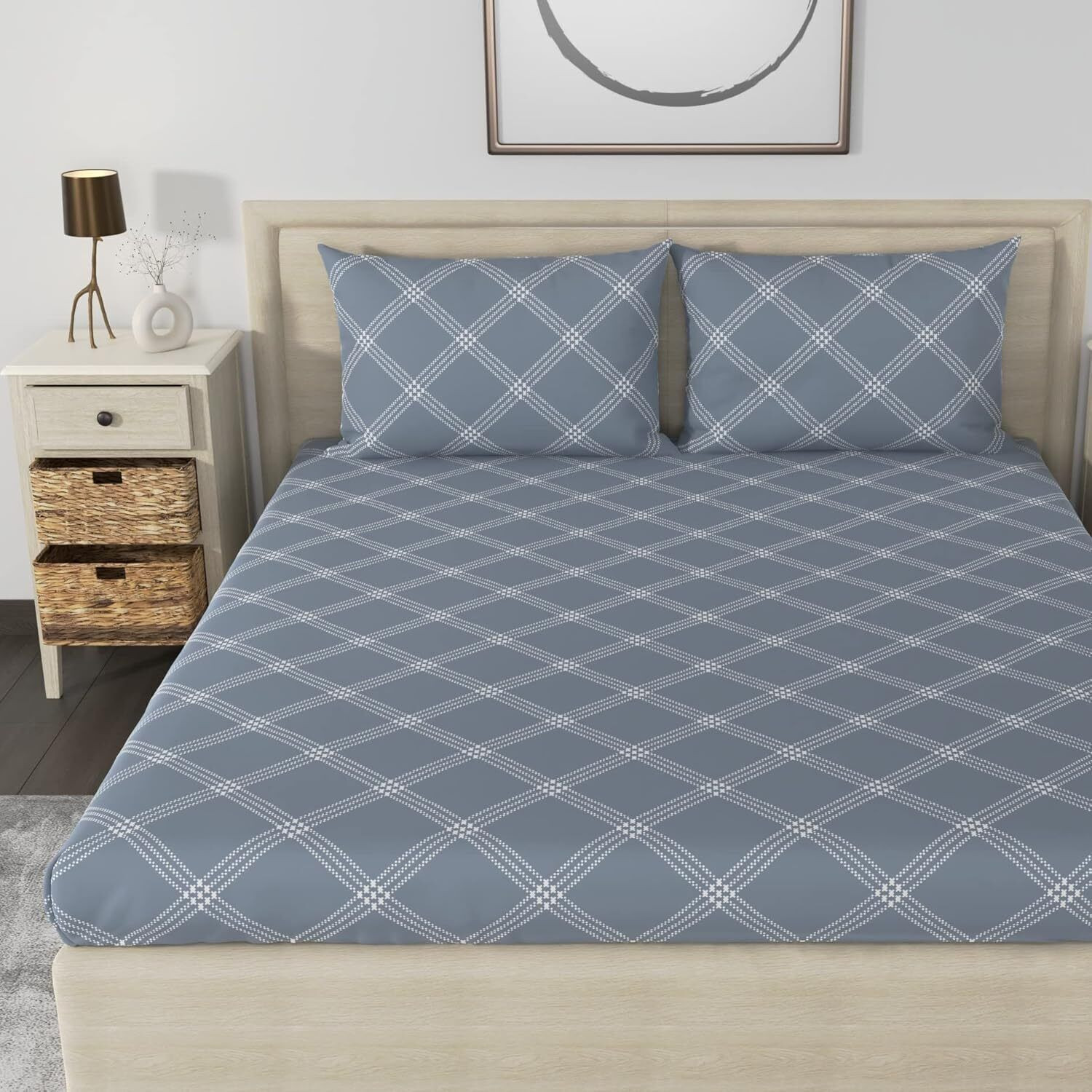 Image of Huesland Cotton Double Fitted (Elastic) 210 TC Geometric 1 Bedsheet with 2 Pillow Covers
