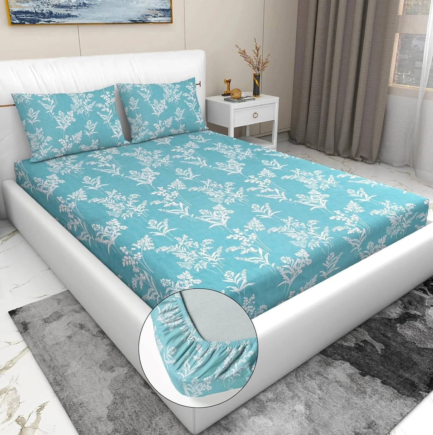 BEDORISM Microfiber, Cotton King Fitted (Elastic) 280 TC Floral 1 Bedsheet with 2 Pillow Covers