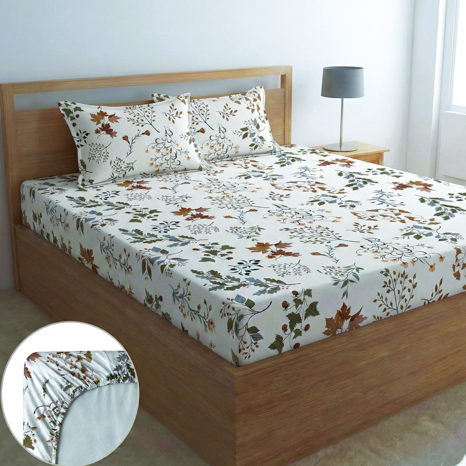 Image of Home Sizzler Microfiber Double Fitted (Elastic) 144 TC Floral 1 Bedsheet with 2 Pillow Covers