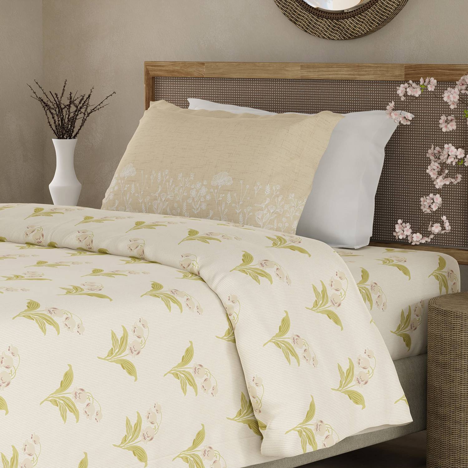 Boutique Living Cotton Single Flat 200 TC Floral 1 Bedsheet with 2 Pillow Covers