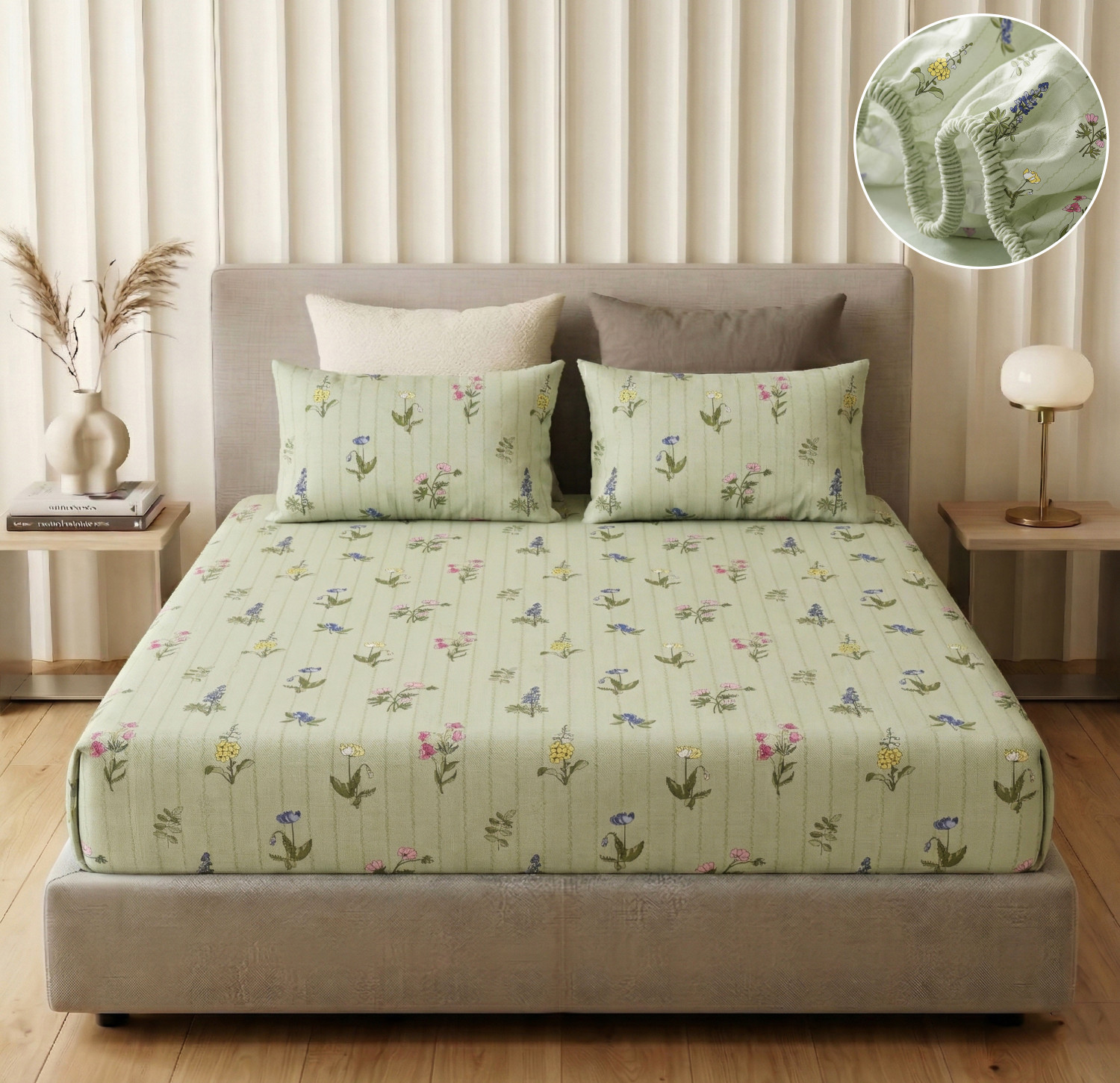 Image of SANMARINO Cotton Super King Fitted (Elastic) 220 TC Printed 1 Bedsheet with 2 Pillow Covers