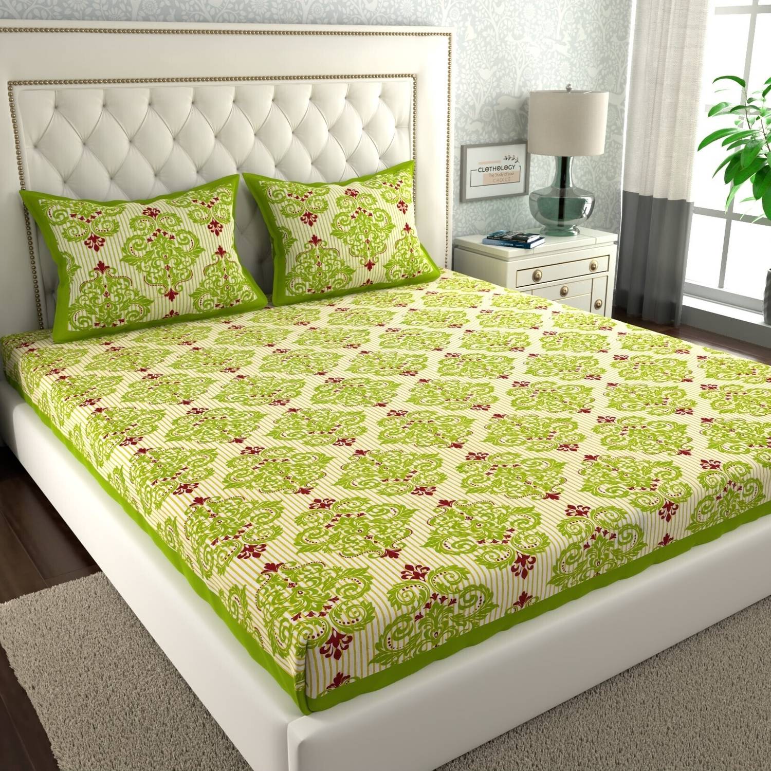 CLOTHOLOGY Cotton Double Flat 144 TC Jaipuri Prints 1 Bedsheet wi