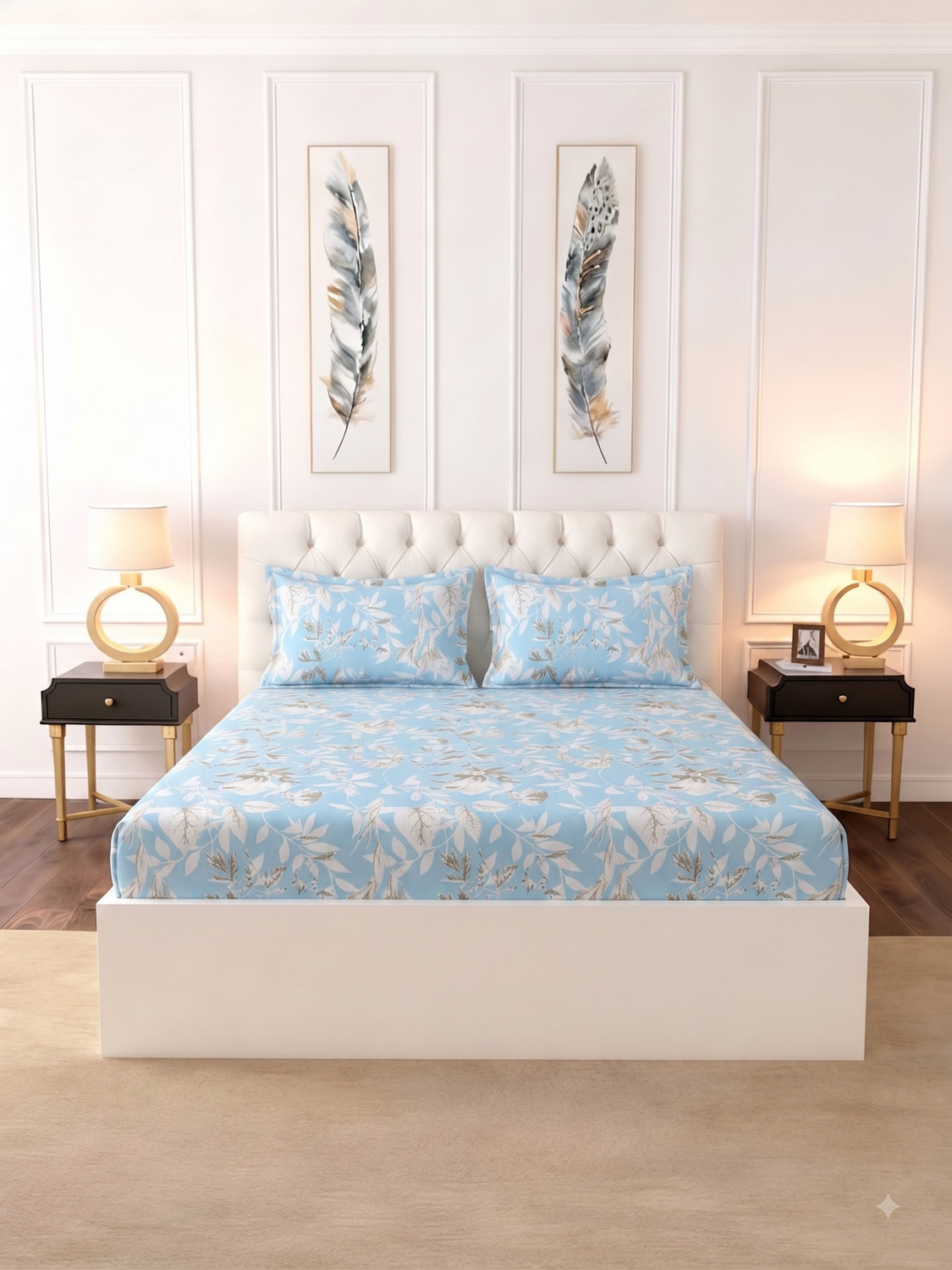 Image of Raymond Home Microfiber Double Flat 110 TC Floral 1 Bedsheet (Sky Blue)