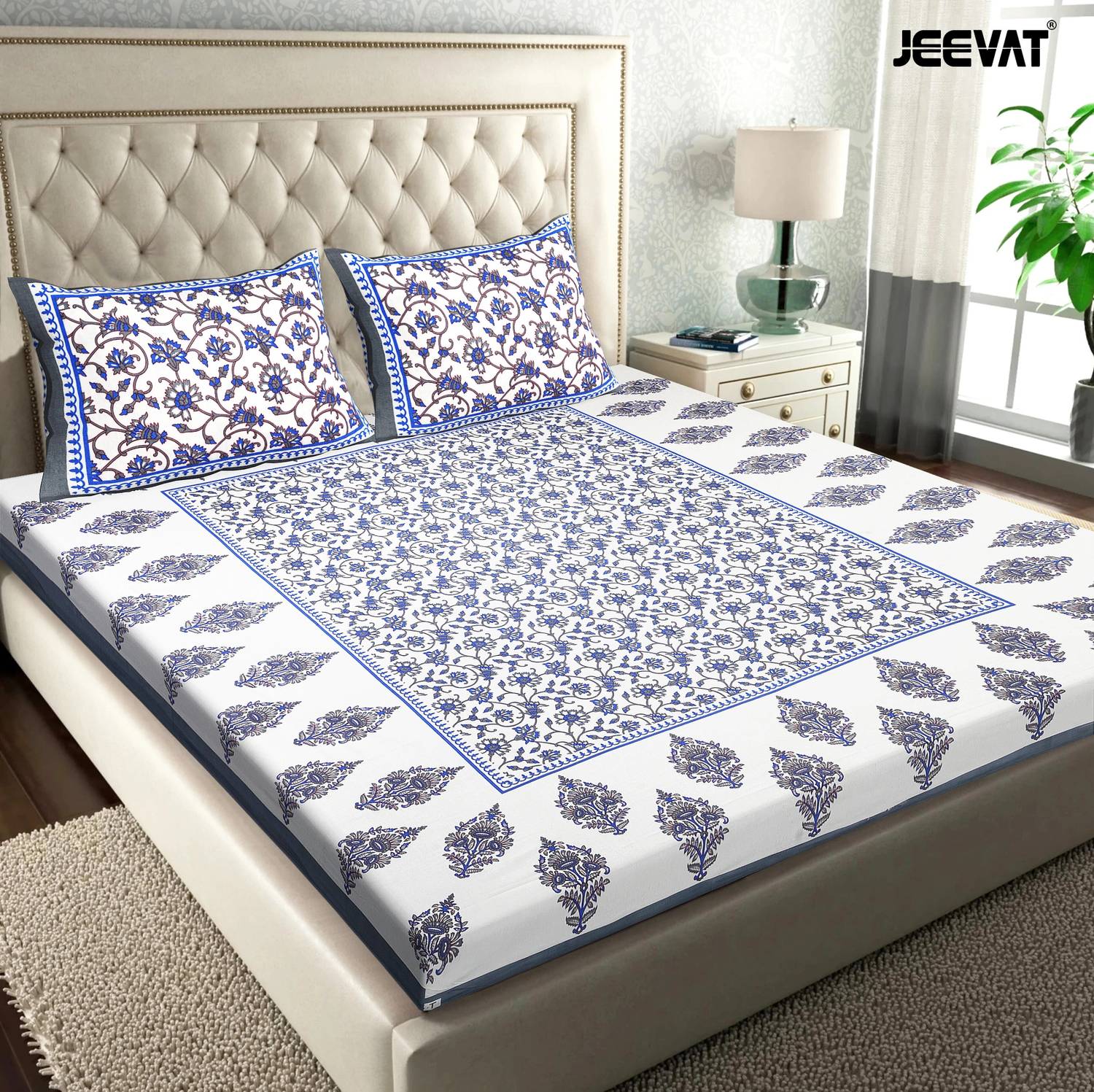 Jeevat Cotton Double Flat 144 TC Jaipuri Prints 1 Bedsheet with 2
