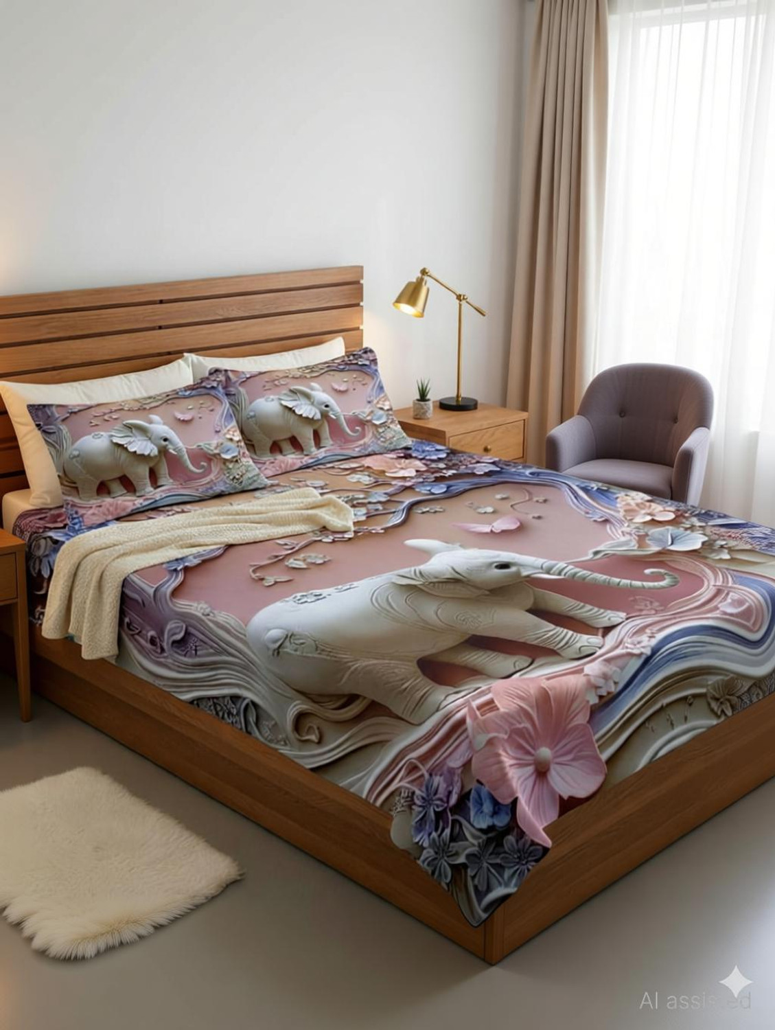 Image of SP Textile Microfiber King Flat 300 TC 7D Digital 1 Summer Bedsheet with 2 Pillow Covers, 2 Cushion Covers