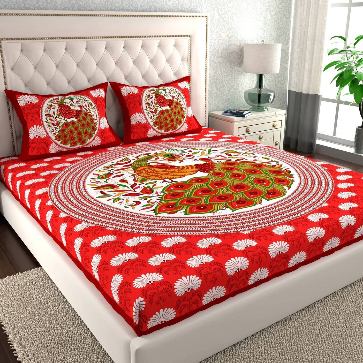CLOTHOLOGY Cotton Double Flat 144 TC Jaipuri Prints 1 Bedsheet wi