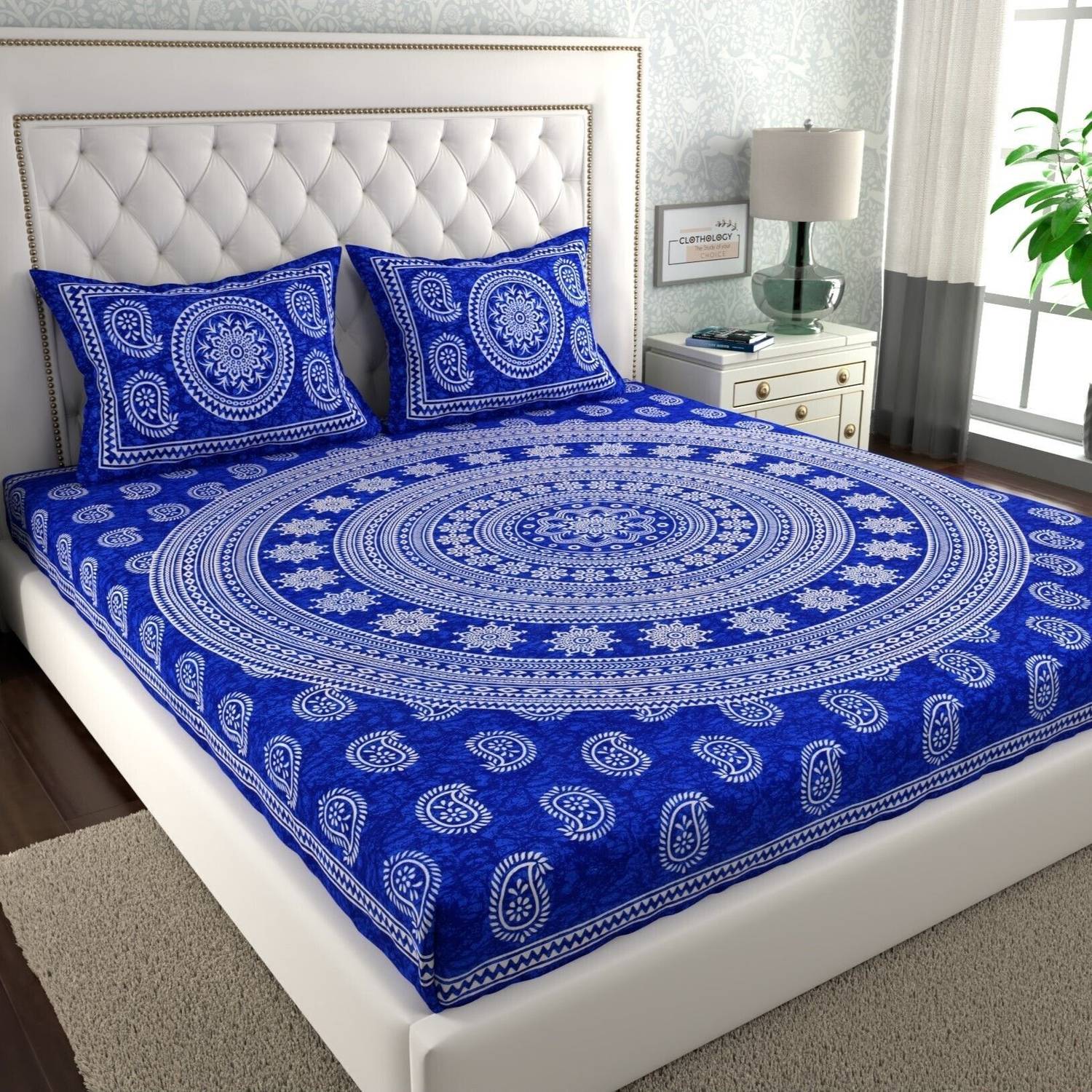 CLOTHOLOGY Cotton Double Flat 144 TC Jaipuri Prints 1 Bedsheet wi