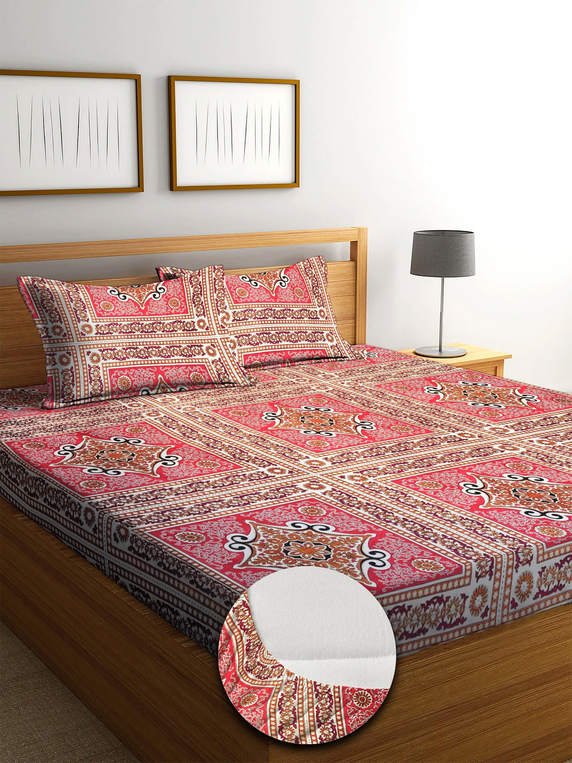 Image of Flipkart SmartBuy Cotton Double Fitted (Elastic) 104 TC Jaipuri Prints 2 Bedsheets