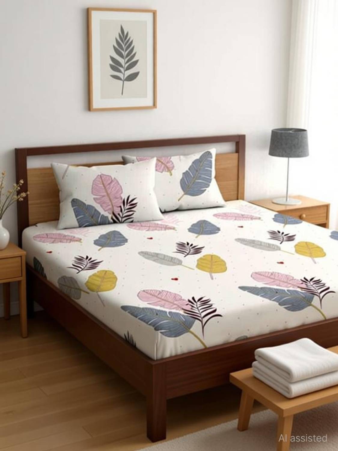 adhb Cotton Double Fitted (Elastic) 320 TC Floral 1 Bedsheet with 2 Pillow Covers