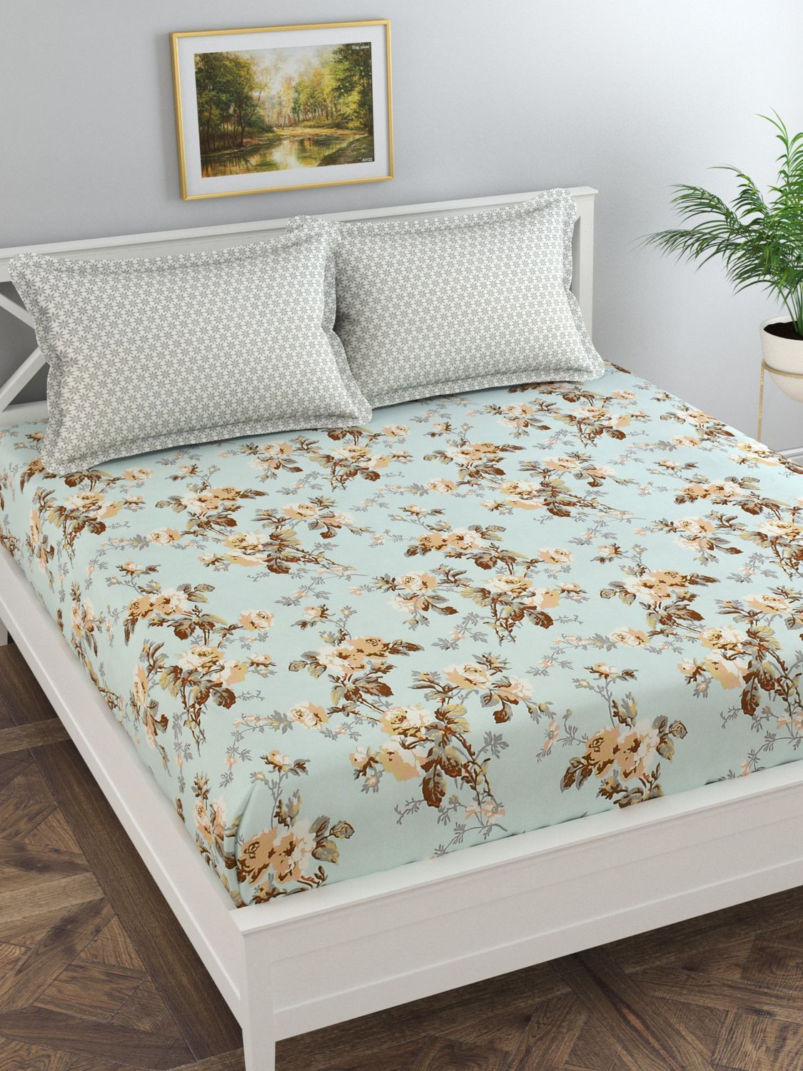 Image of Florida Cotton Super King Fitted (Elastic) 180 TC Floral 1 Bedsheet with 2 Pillow Covers