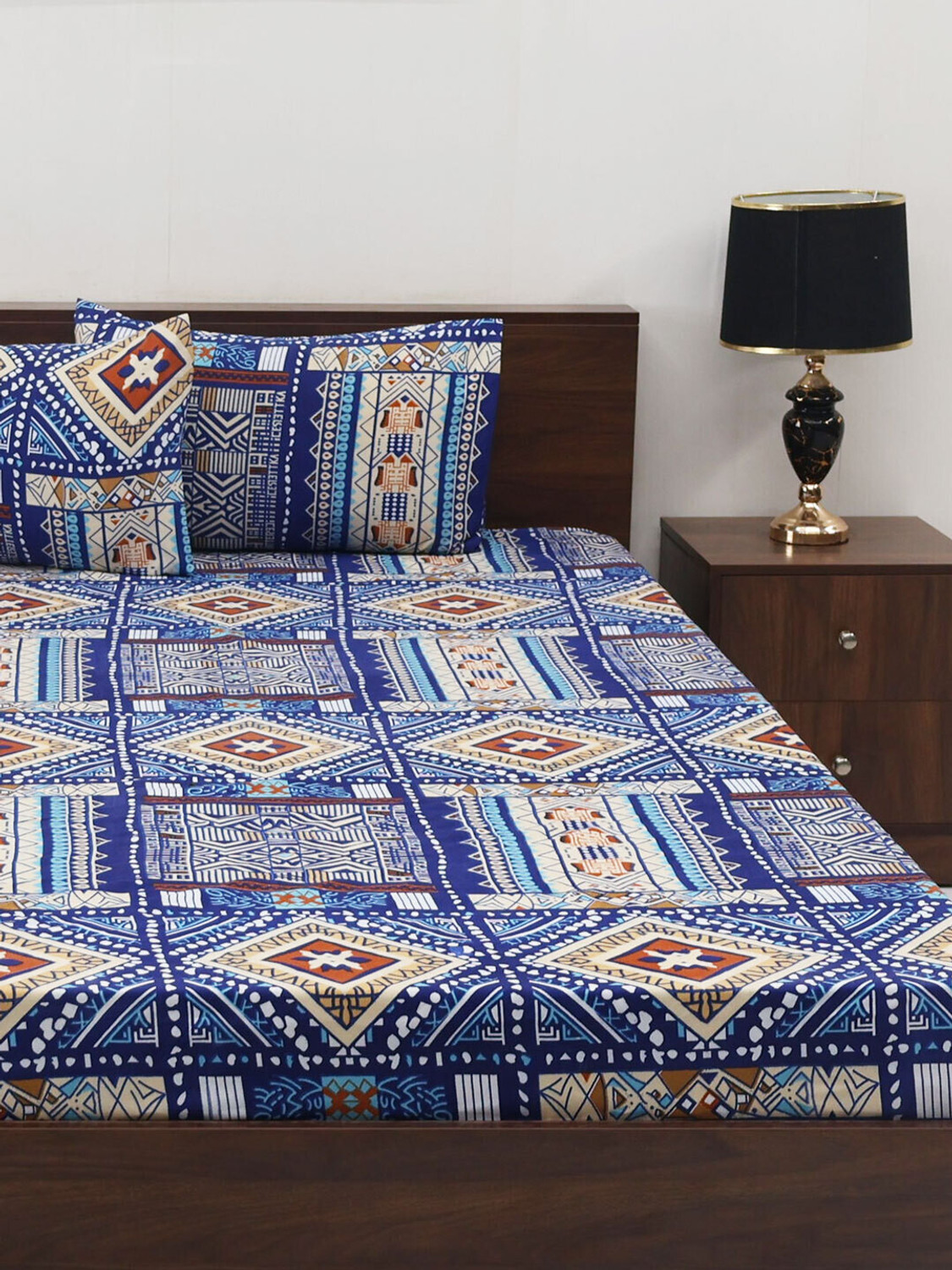 Image of Steve and Anderson Microfiber Double Flat 160 TC Geometric 1 Bedsheet with 2 Pillow Covers