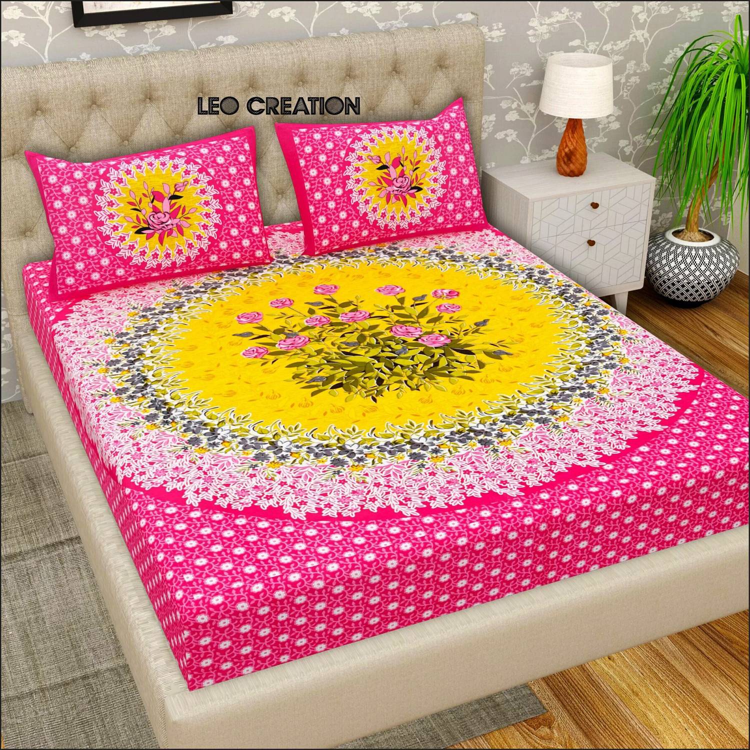 Leo Creation Cotton Double Flat 144 TC Jaipuri Prints 1 Bedsheet