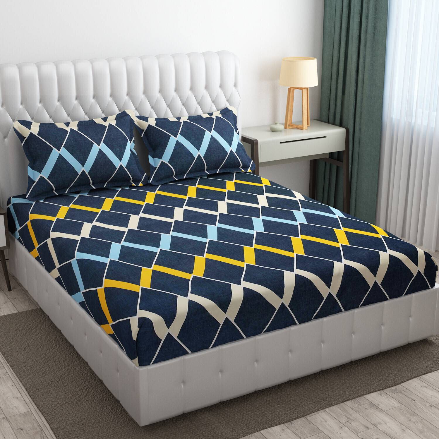 SHOMES Cotton Double Fitted (Elastic) 250 TC Geometric 1 Bedsheet