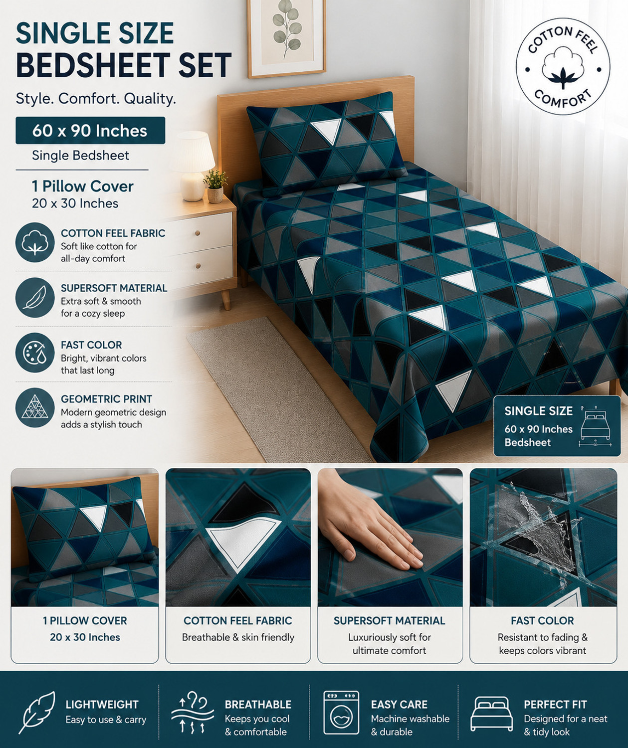 Image of Amrange Cotton Single Flat 240 TC Geometric 1 Bedsheet