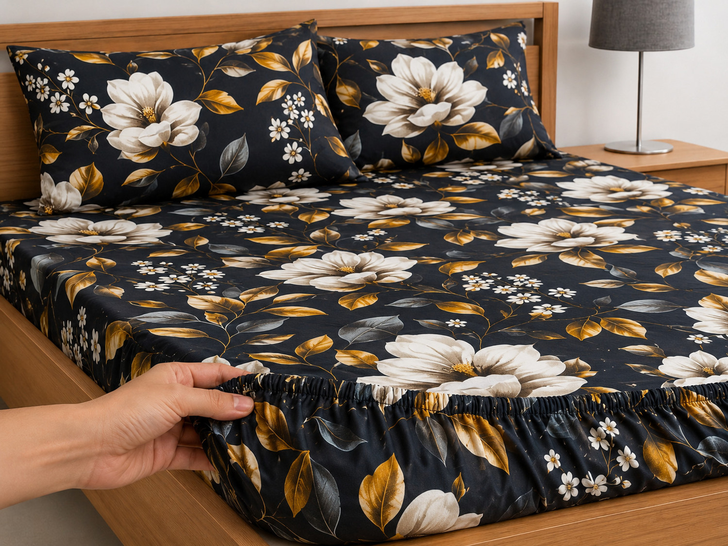 Image of AMEYAA Cotton Double, King Fitted (Elastic) 320 TC Printed 1 Summer Bedsheet with 2 Pillow Covers