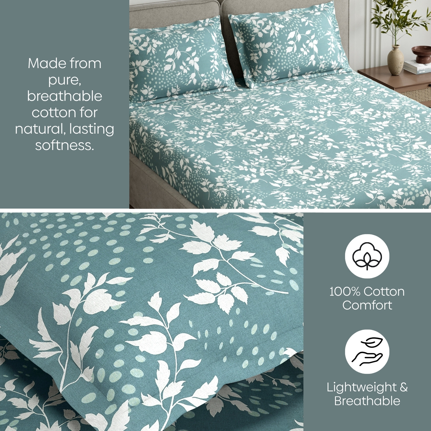 Image of haus & kinder Cotton King Fitted (Elastic) 144 TC Printed 1 Summer Bedsheet with 2 Pillow Covers