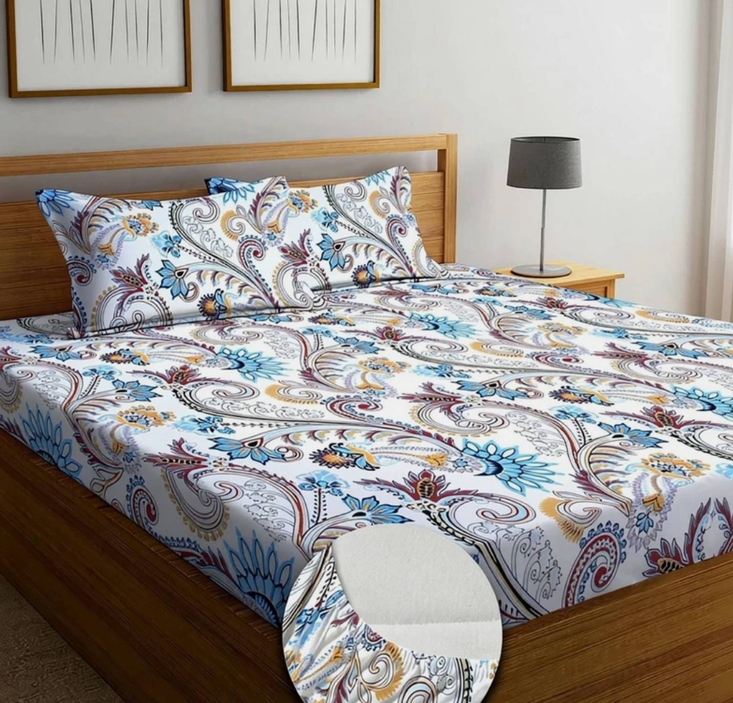Aastha Handicrafts Polycotton Double, King Fitted (Elastic) 220 TC 3D Printed 1 Summer Bedsheet with 2 Pillow Covers