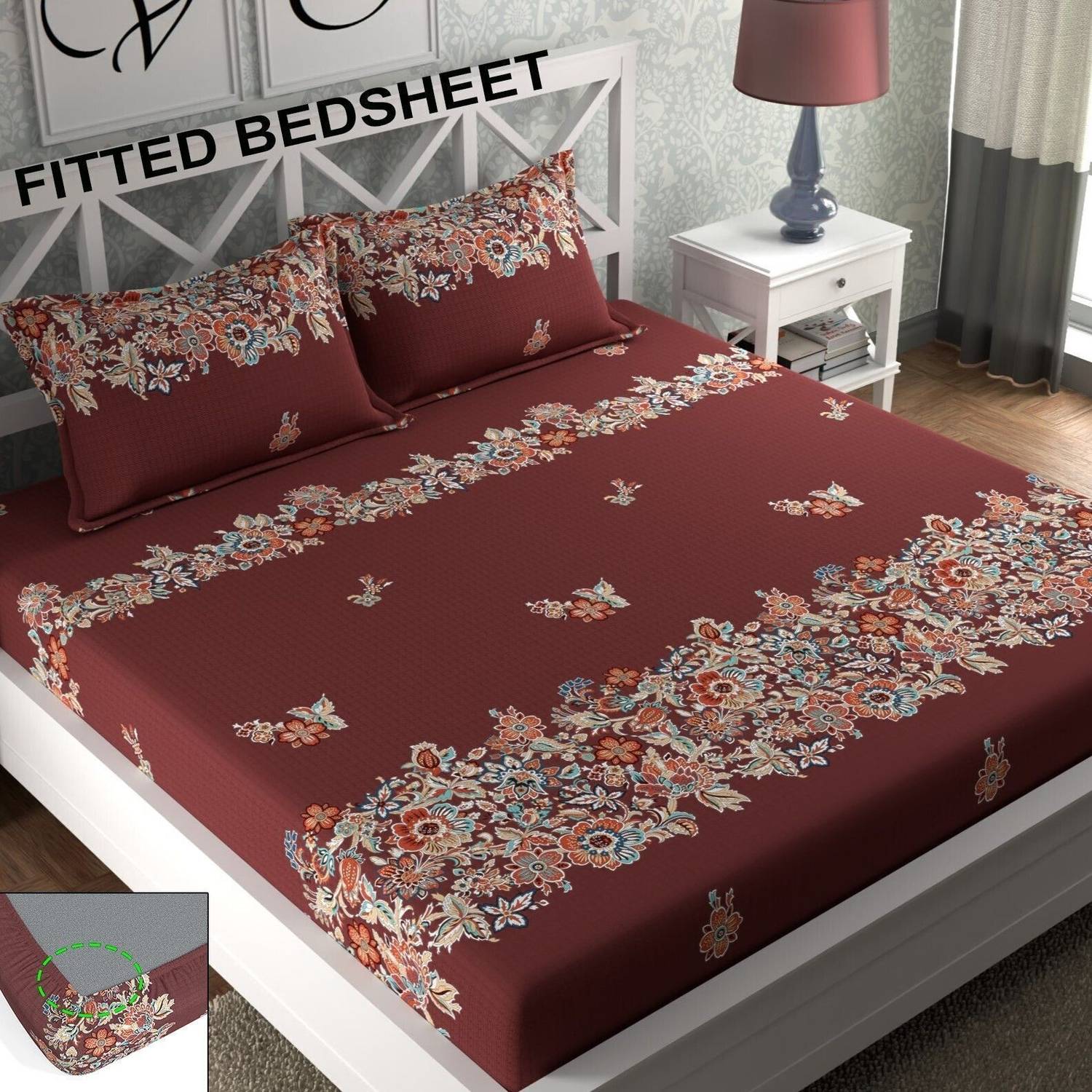 CG Homes Cotton Double Fitted (Elastic) 180 TC Printed 1 Bedsheet