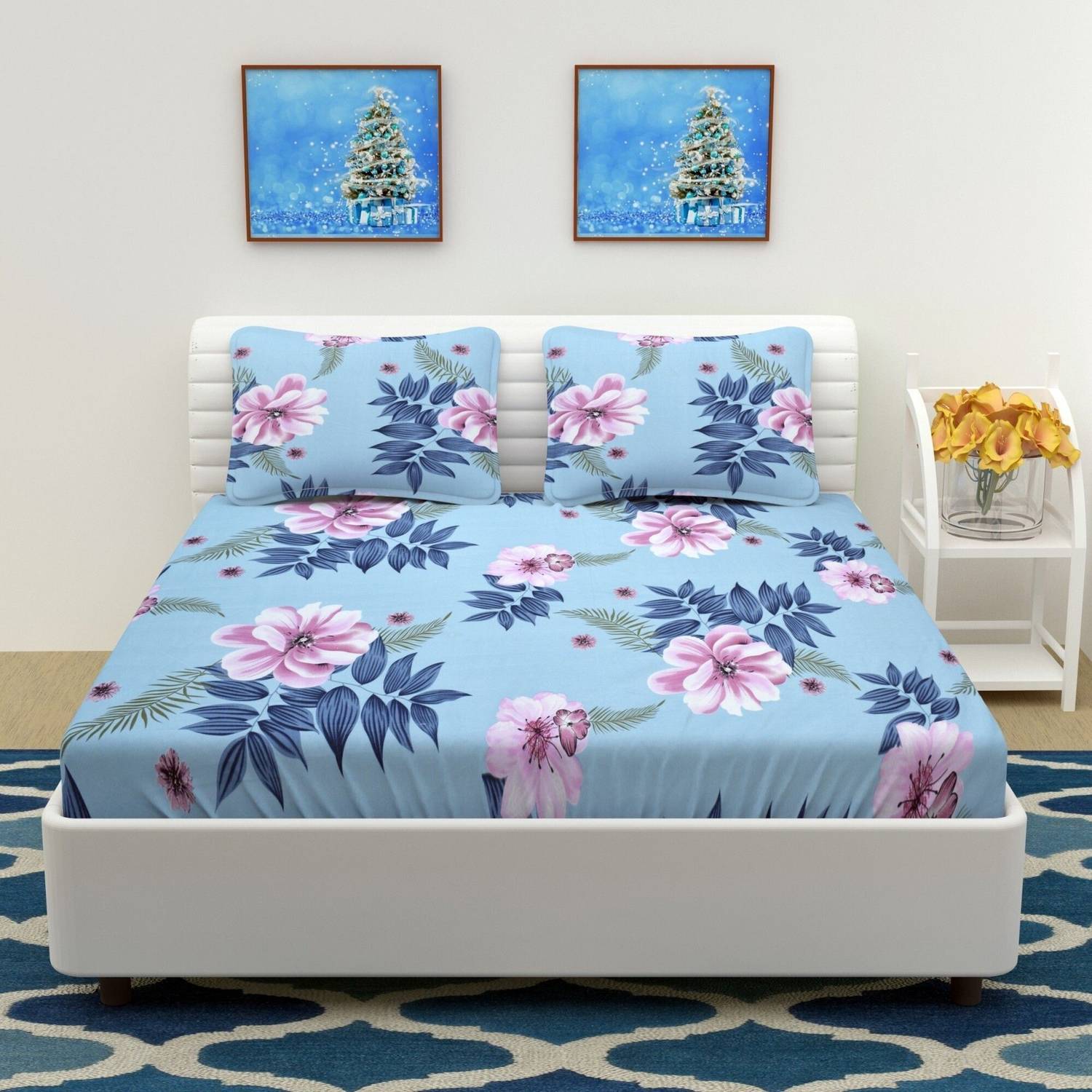 BELVOSTUM Cotton Double Flat 144 TC Floral 1 Bedsheet with 2 Pill