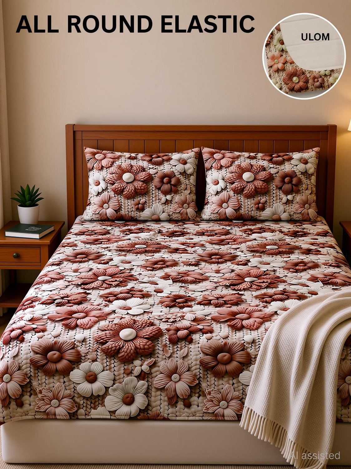 Image of Ulom Cotton Blend King Fitted (Elastic) 220 TC 7D Digital 1 Bedsheet with 2 Pillow Covers