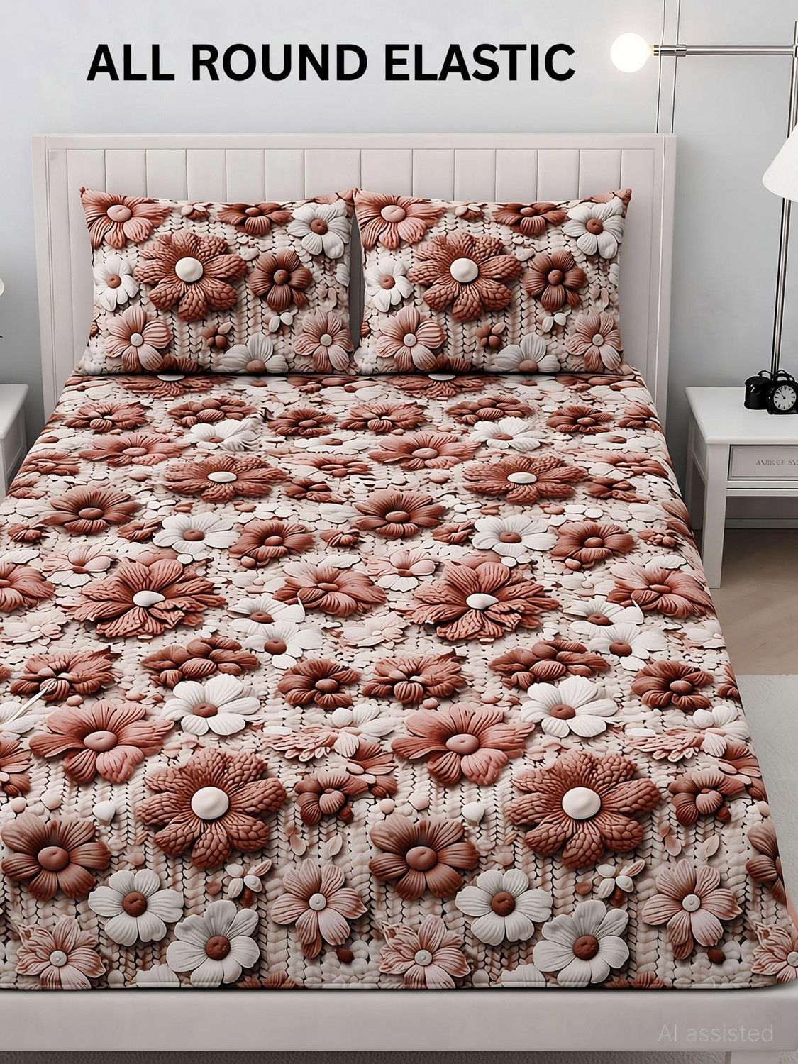 Image of Ulom Cotton Blend King Fitted (Elastic) 220 TC 7D Digital 1 Bedsheet with 2 Pillow Covers