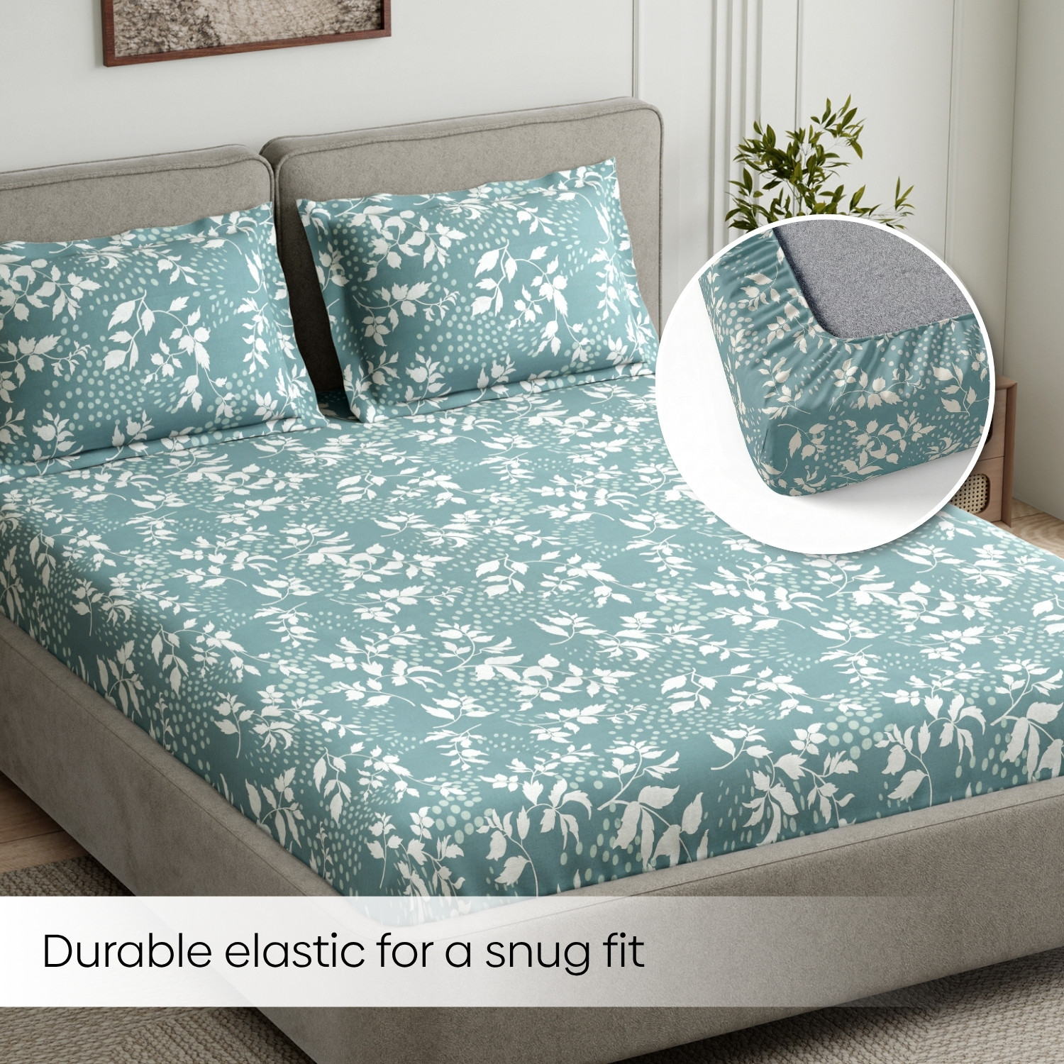 Image of haus & kinder Cotton King Fitted (Elastic) 144 TC Printed 1 Summer Bedsheet with 2 Pillow Covers