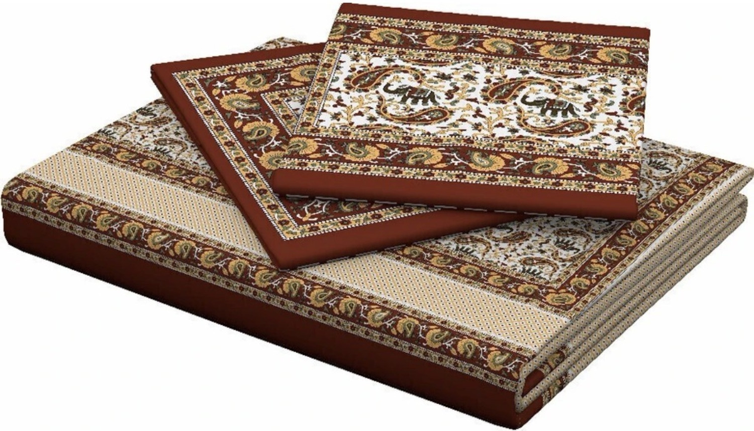 Image of Manshar Cotton Double Flat 144 TC Jaipuri Prints 1 Bedsheet with 2 Pillow Covers (Brown)