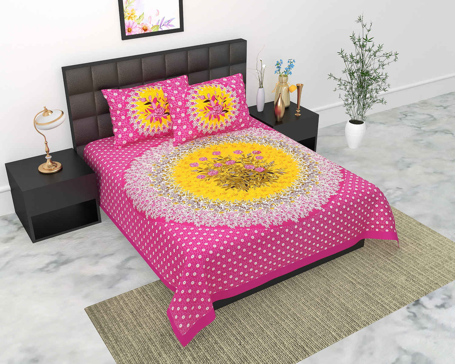 Image of JAIPUR PRINTS Cotton Double, Queen Flat 220 TC Jaipuri Prints 1 Bedsheet with 2 Pillow Covers