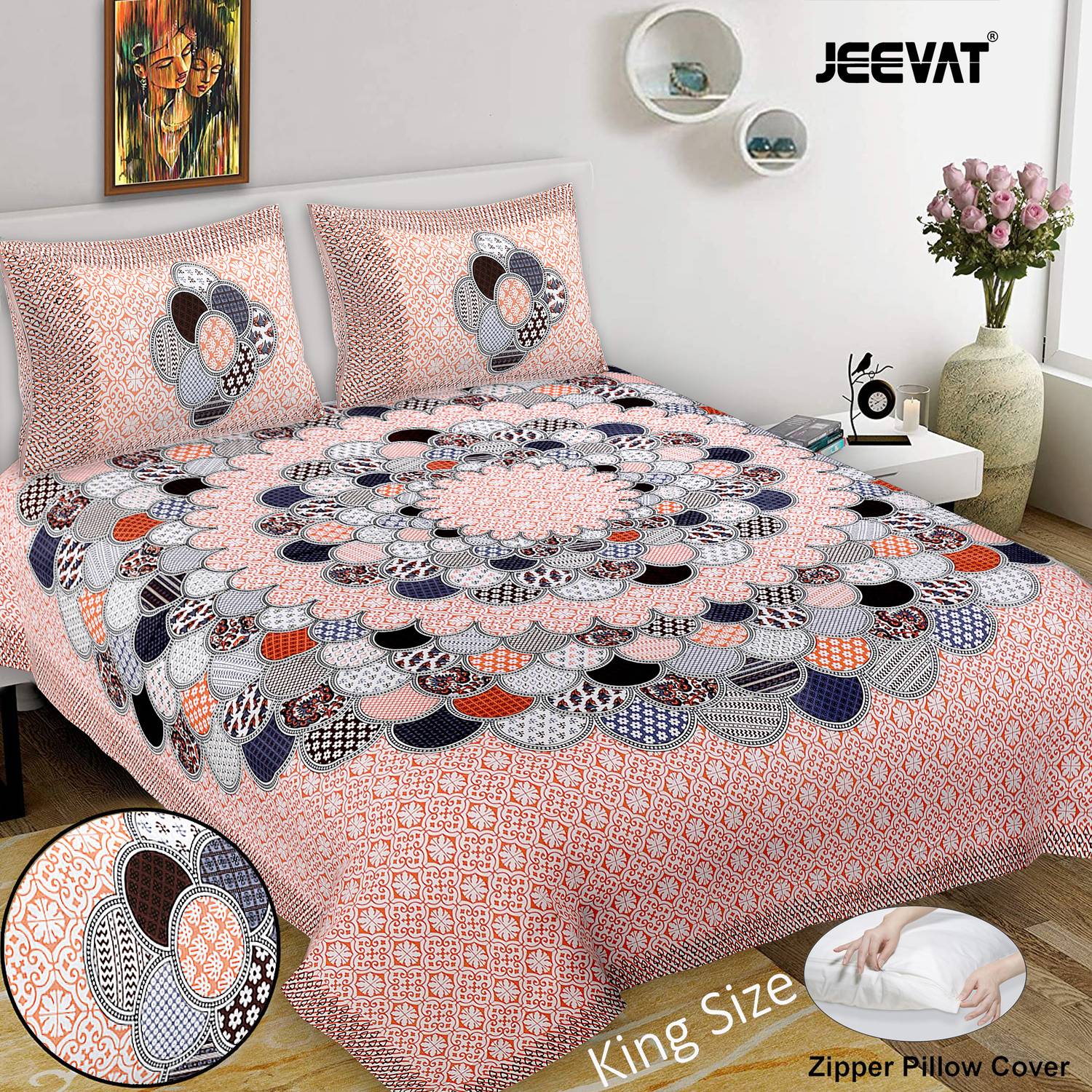 Jeevat Cotton King Flat 220 TC Jaipuri Prints 1 Bedsheet with 2 P